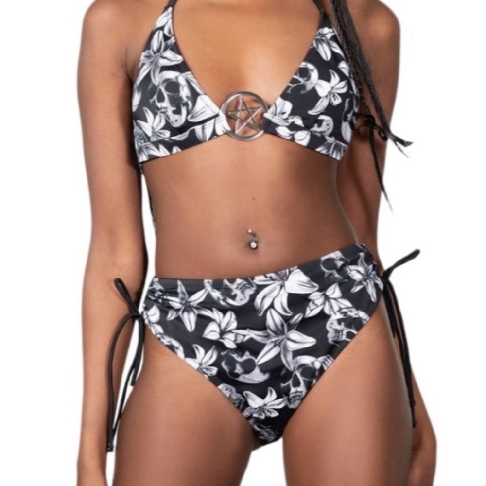Killstar Harlette’s Revenge black and white floral goth bikini with pentagram